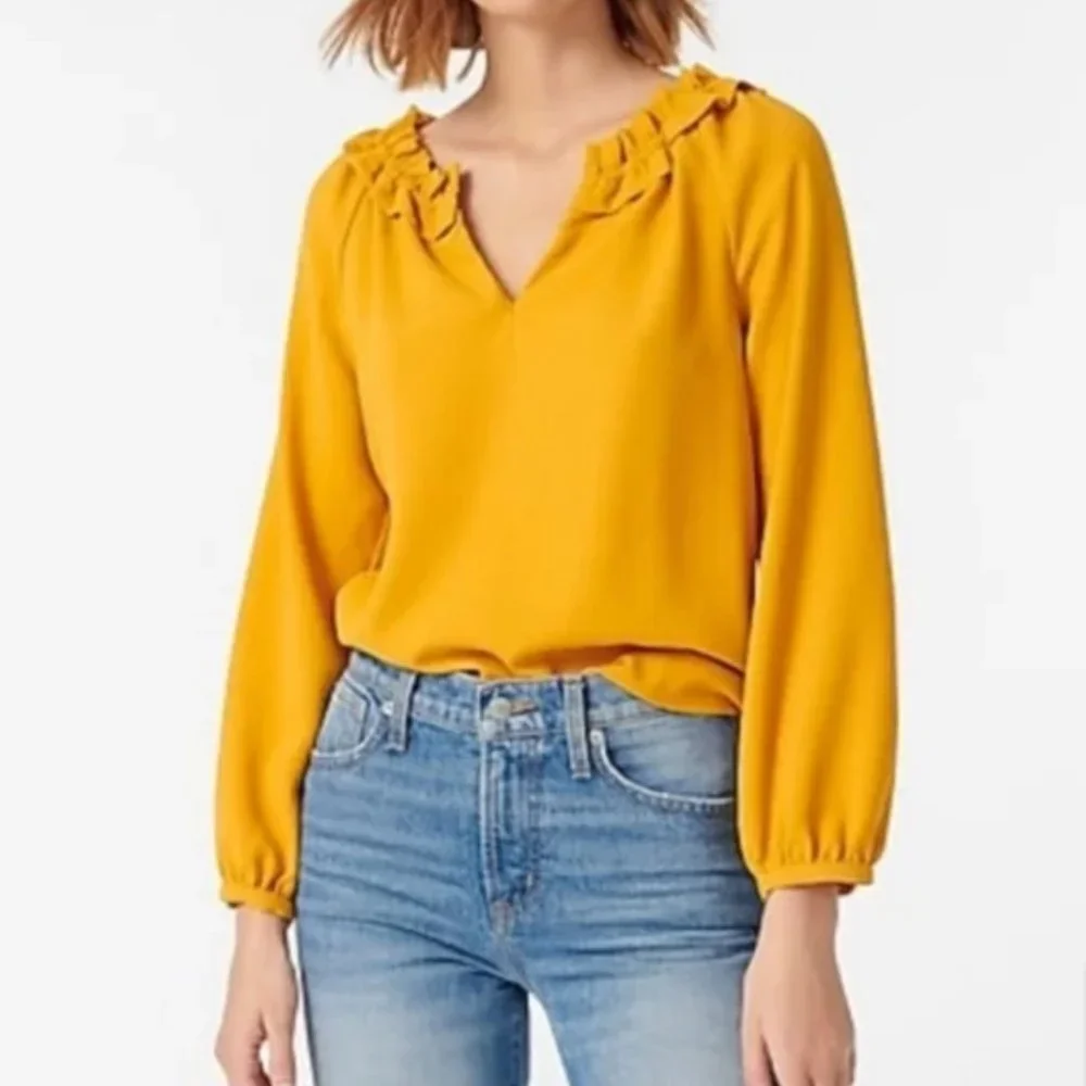 J. Crew  Large 365 crepe ruffle neck blouse in mustard - Picture 2 of 4